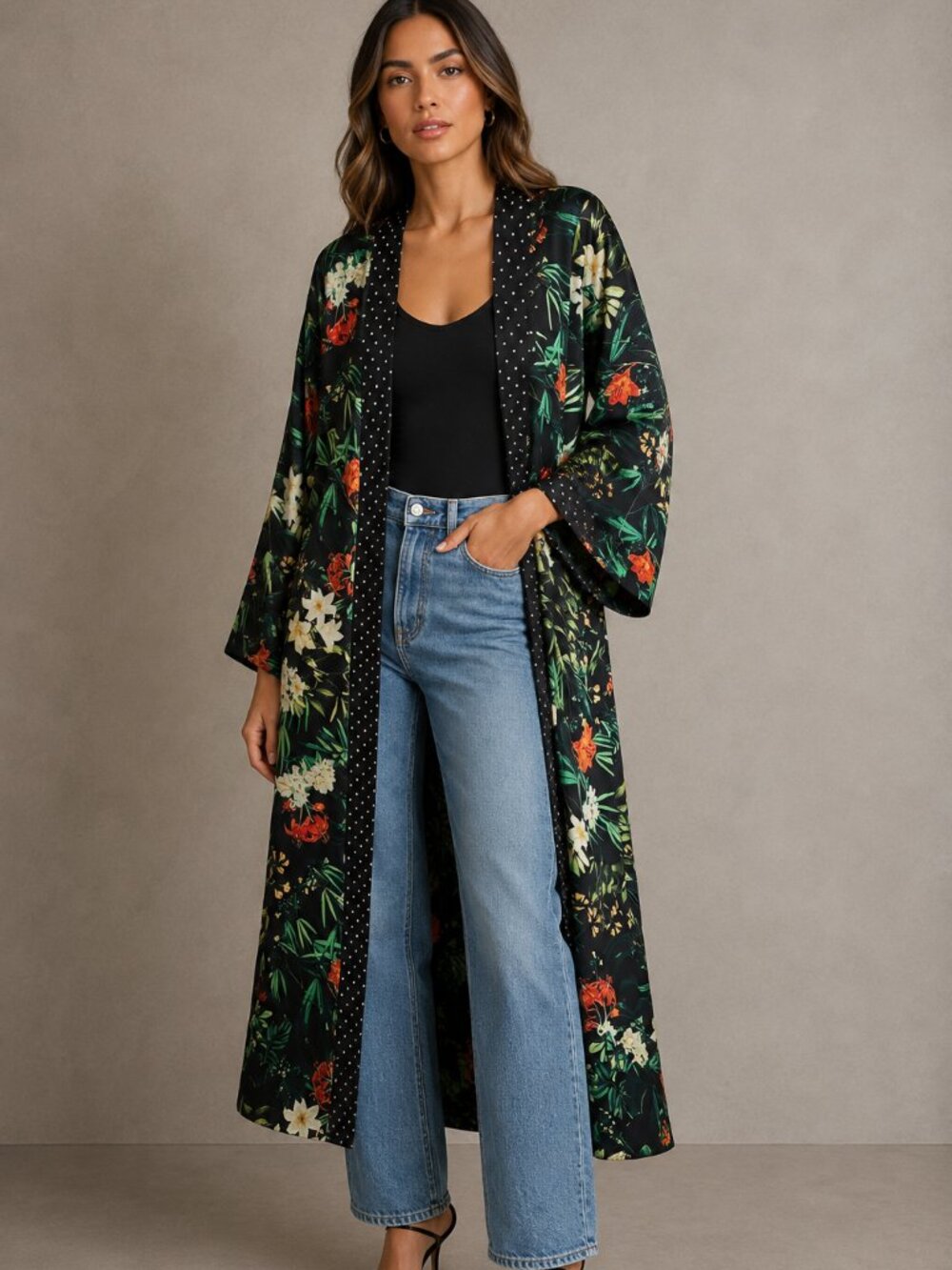 Jeannie Mai INC Printed Maxi Duster Kimono in Floral Print Size Small